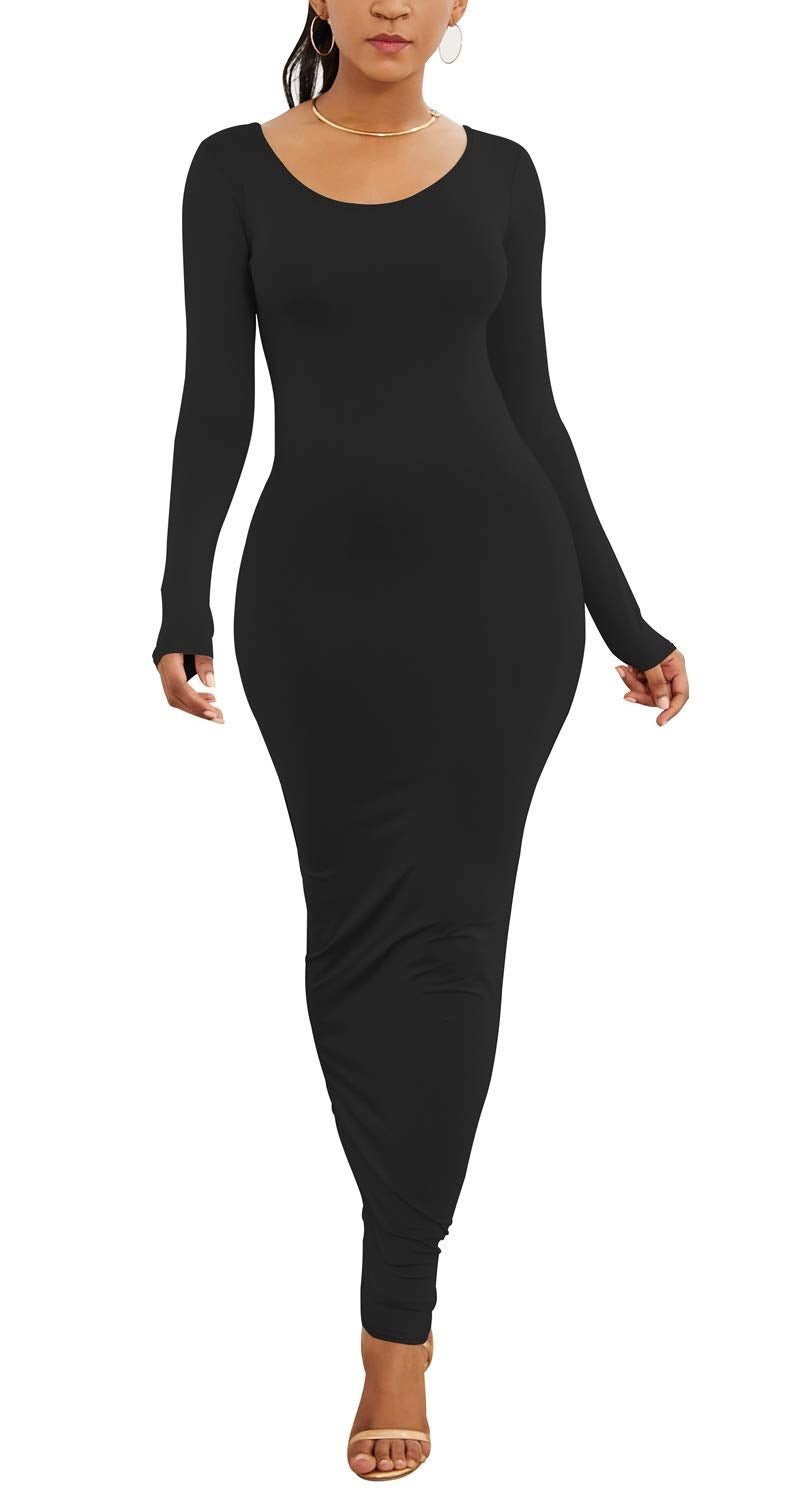PRIMODA Women's Scoop Neck Long Sleeve Bodycon Maxi Dress Casual Long Dress(L Black) - Image 1